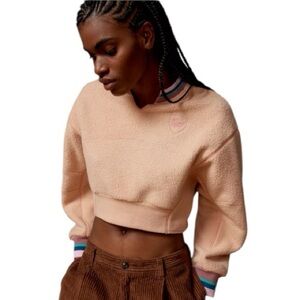 BDG Urban Outfitters Peach Fleece Cropped Pullover Striped Trim NWOT L